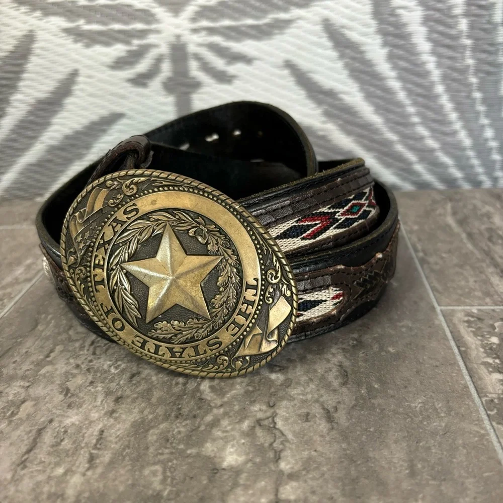 Vintage Tony Lama Texas Star Brass Buckle Belt Leather Western Concho men’s 48